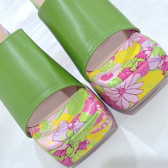 NWT Lime green patent floral platform 5” chunky heel mules no brand all new 7.5 - Picture 8 of 12